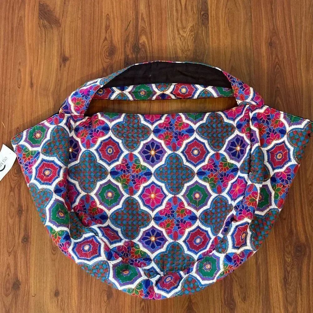 Cute embroidered South American style large tote bag beach bag pink blue green